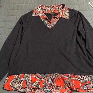 Nice grey sweater with sewn I. Red patterned blouse sewn in. Has a collar.